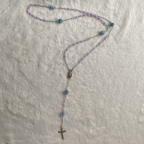 HP X1 🔥 Beautifully Handcrafted Blue Beaded Rosary - Baby Blue‎ + Light Pink - Picture 2 of 4